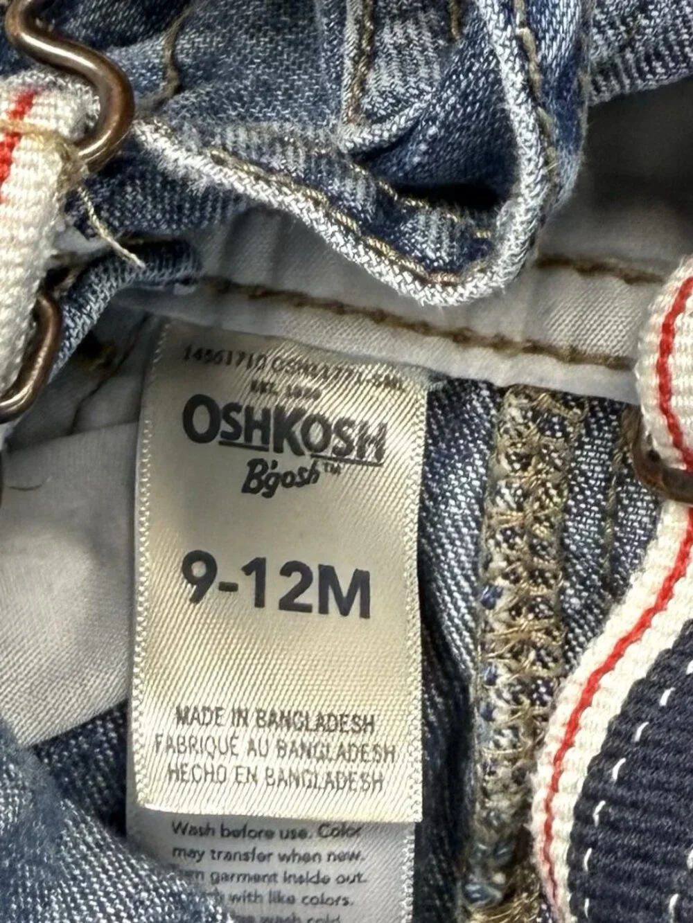 OSHKOSH B'GOSH Kids 9-12M Denim OVERALLS Striped Canvas Straps Conductor EUC
